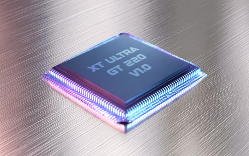 Close-up technical visualization of the advanced XT Ultra GT 220 V1.0 chipset featuring gold-plated contact points and a high-performance processor designed for 220W stability and low-latency firing.