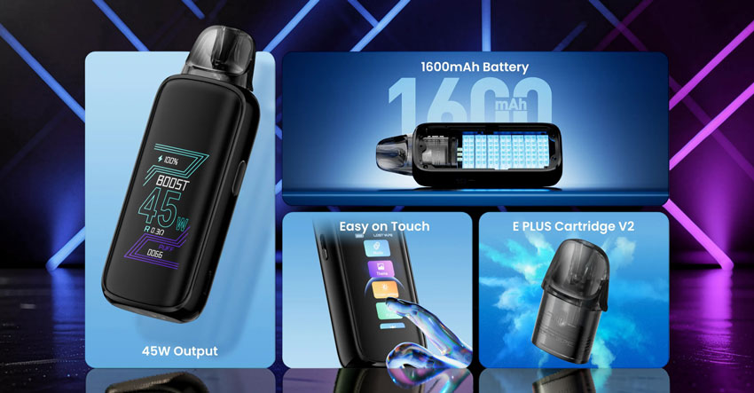 A feature collage for the Lost Vape Thelema Aura 45 Kit including a close-up of the 1.9-inch TFT display set to 45W in Boost Mode, a technical illustration of the internal 1600mAh battery, and a clear view of the E Plus Cartridge V2.