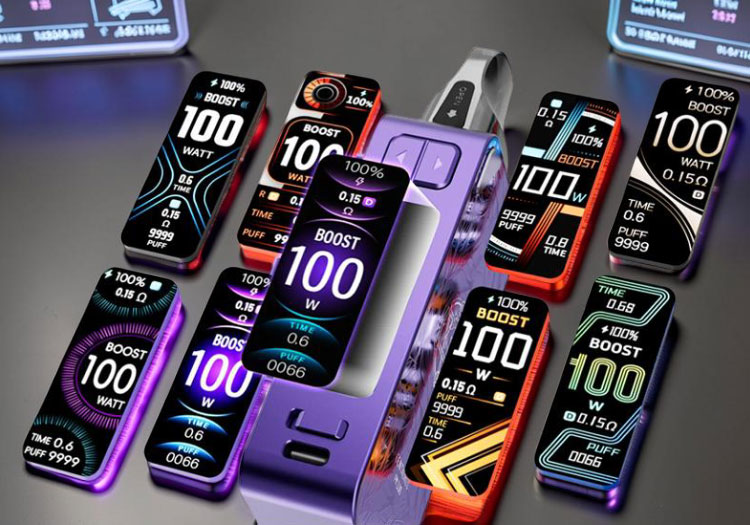 : A close-up shot of the Lost Vape Centaurus PM100 1.66-inch TFT display screen showing a variety of vibrant color themes and interface layouts that illustrate the device's customizable user interface.