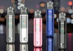 Five Hellvape Vsee Neo pod kits are displayed side-by-side in Gunmetal Gray, Moonlight Silver, Sakura Dance, Sapphire Blue, and Midnight Black, showcasing their slim 110mm pen-style frames and integrated mirror display screens.