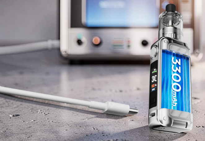 close-up profile shot of the compact Innokin GOZEE NEX mod, displaying a bright 3300mAh digital graphic overlay on its clear side chassis while a black USB Type-C cable aligns perfectly with the front-facing fast-charging port.