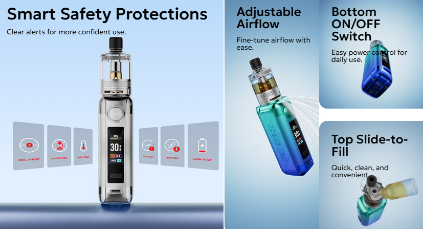 A four-panel feature showcase layout displaying the Innokin GOZEE NEX, highlighting its smooth top slide-to-fill juice port, the precise fine-tune airflow control ring, the physical bottom-mounted power switch, and a digital safety warning icon on the color screen.