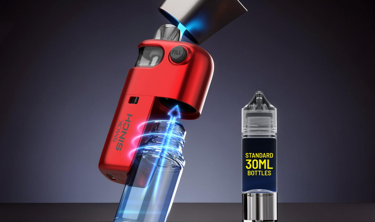 Close-up of a standard empty 30ml e-liquid bottle being screwed directly into the bottom port of the Smok Sinch Pod Kit, showing how the bottle completely attaches to the chassis for a seamless, spill-free connection