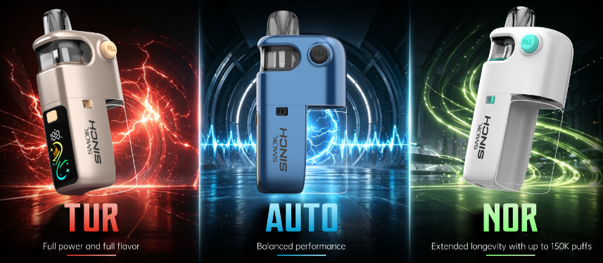 A clean product infographic demonstrating the three selectable power profiles of the Smok Sinch Pod Kit, using distinct, colorful visual blocks to outline TUR for full power, Auto for balanced performance, and NOR for maximum longevity.