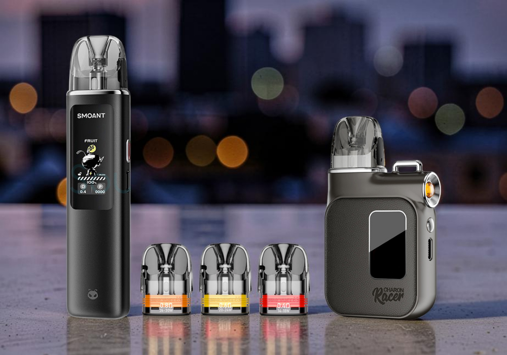 Smoant Racer Flex and Smoant Charon Racer Pod System Kits with compatible Smoant Racer Replacement Cartridges 0.8ohm, 0.6ohm, 0.4ohm