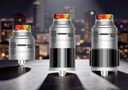 Three configurations of the stainless steel Steam Crave Aromamizer Supreme V4 RDTA displayed side-by-side, featuring the short 2ml RDA setup on the left, the taller 7.5ml RDTA with straight glass in the middle, and the wide 10ml RDTA with a large bubble glass tank on the right.