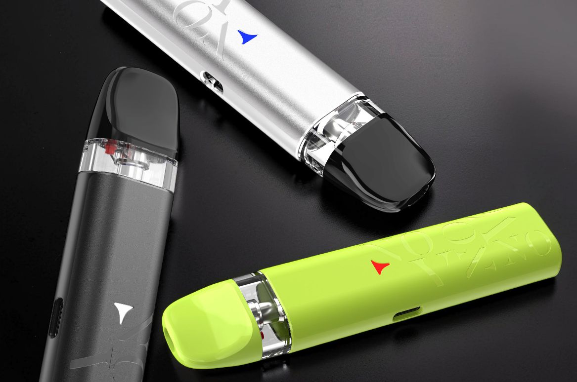Three SMOK Novo Axis EZ pod kits arranged side-by-side, with each device showing a different RGB color—white, red, and blue—from its built-in multi-color status indicator.