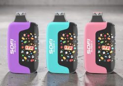 Three SOFI Surge X Zero Nicotine Disposables (Strawberry Burst, Cool Mint, Peach Ice) with their interactive 3D digital screens visible
