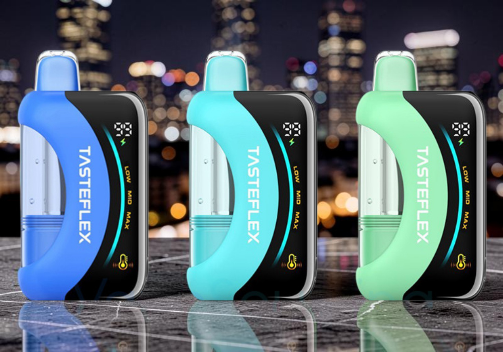 Three TasteFlex Cresmo 80K disposable vapes stand side by side with their large front-facing digital screens turned toward the camera. The brightly lit LED displays clearly show a detailed interface featuring the remaining battery percentage at the top, a dedicated middle section indicating the three selectable power modes, and the current juice level percentage at the bottom.