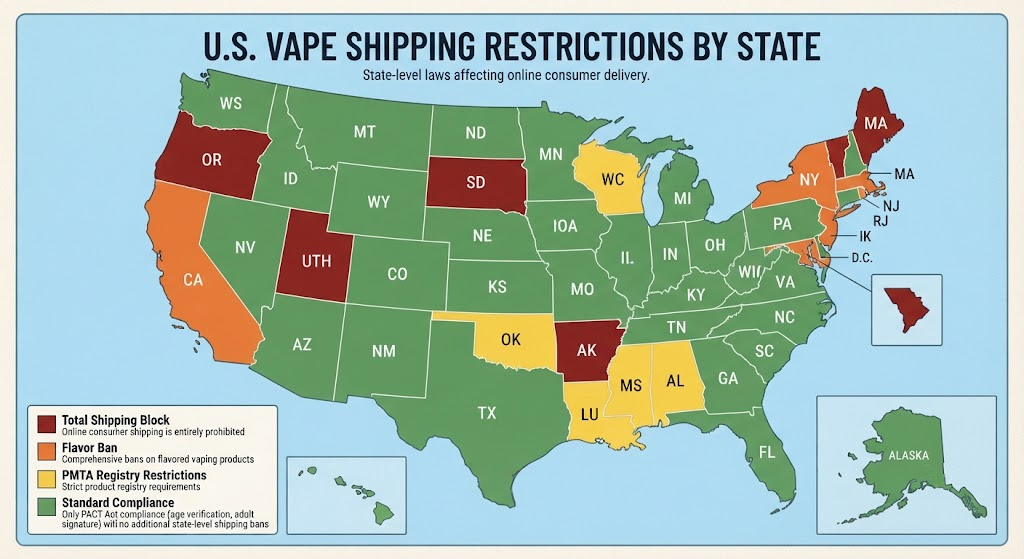 A color-coded United States map illustrating state-by-state vape shipping restrictions, highlighting total shipping bans in red, flavor bans in orange, and PMTA registry restrictions in yellow.